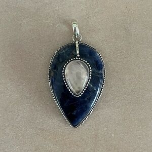 Large Sodalite and Quartz Teardrop Pendant in a Sterling Silver Setting